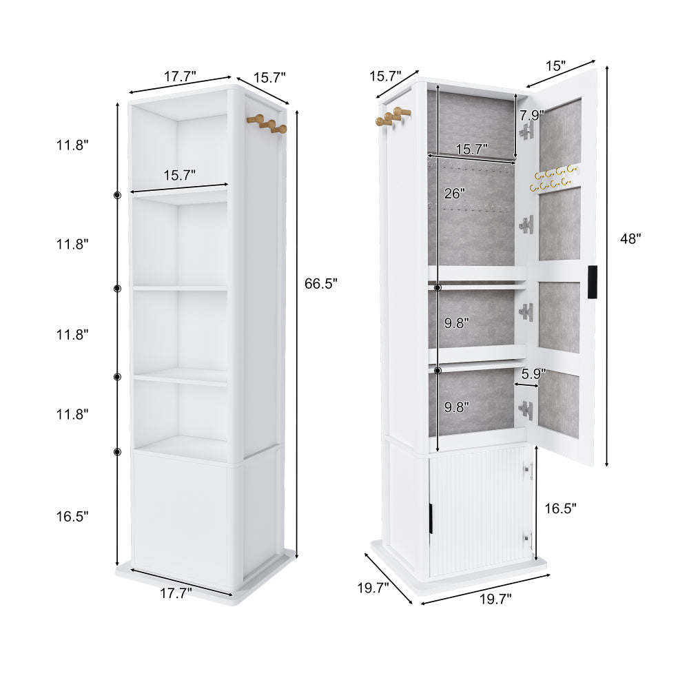 360° rotating makeup cabinet, jewelry cabinet with a full-length mirror, standing storage cabinet with a coat rack, 4 layers of open shelves and 2 layers of built-in shelves, white