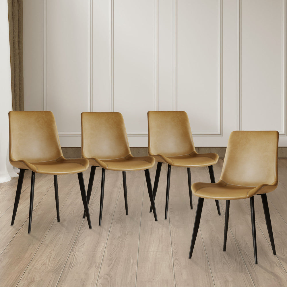 Modern dining chair set of 4 pieces, brown PU leather seats and black carbon steel legs, suitable for home, restaurant, conference room (4 brown chairs)