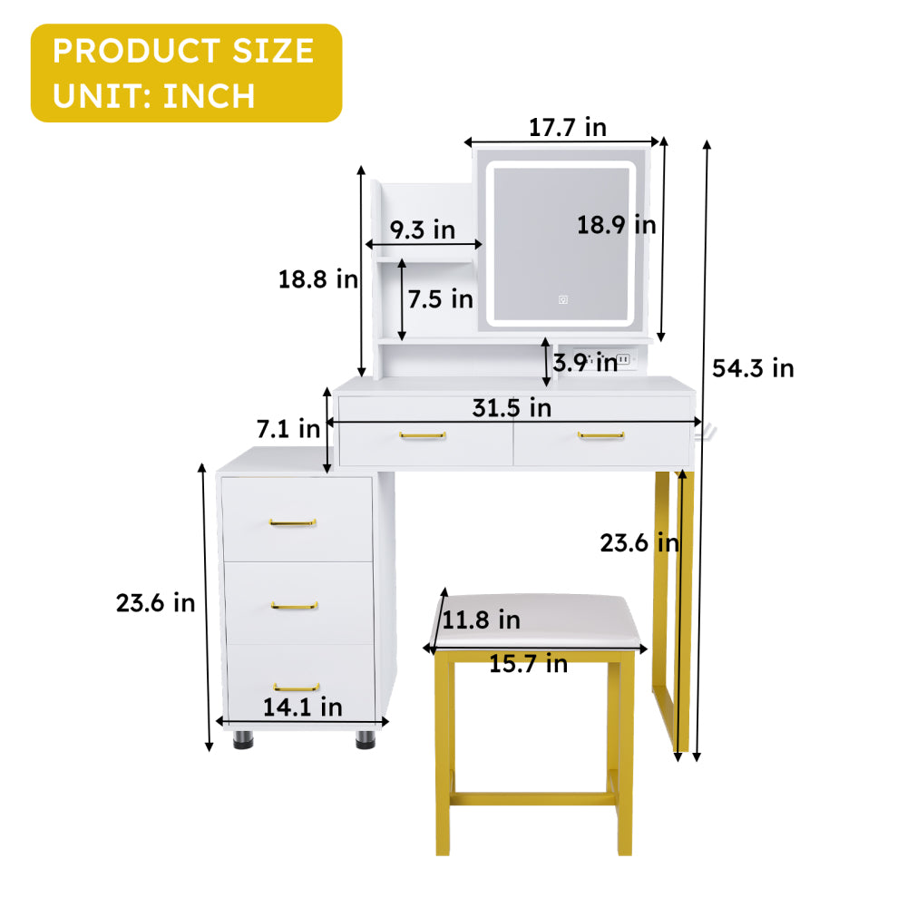 Makeup Vanity with LED Lights&3 Color and Power Outlet Makeup Vanity Table with 5 Drawers with Sturdy Metal Leg and Metal Chair Dressing Table for Bedroom Dressing Room (White)