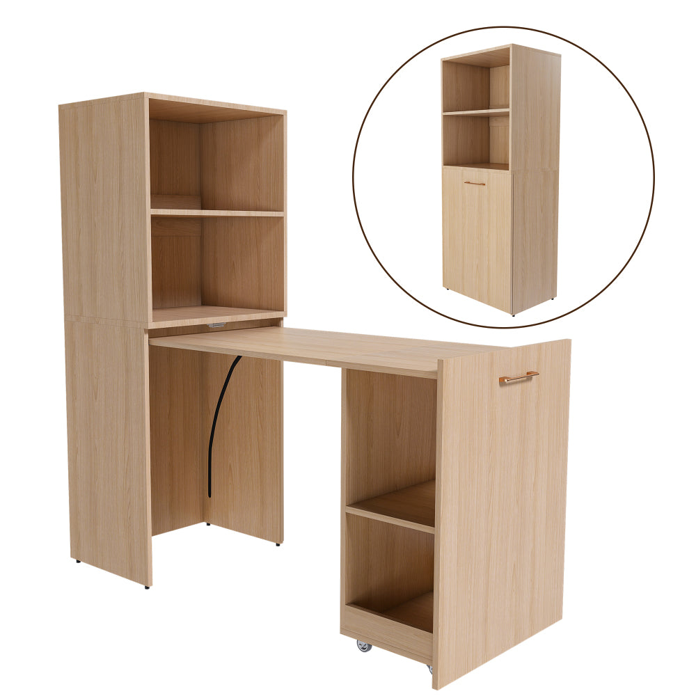 Stretchable desk, office desk with storage shelves and mobile wheels, foldable desk suitable for small apartments and offices,burlywood