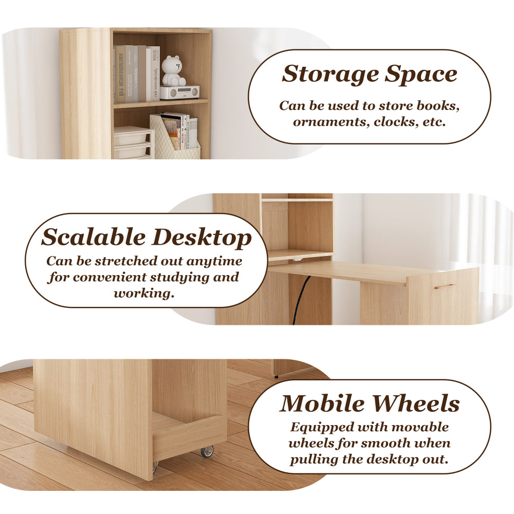 Stretchable desk, office desk with storage shelves and mobile wheels, foldable desk suitable for small apartments and offices,burlywood