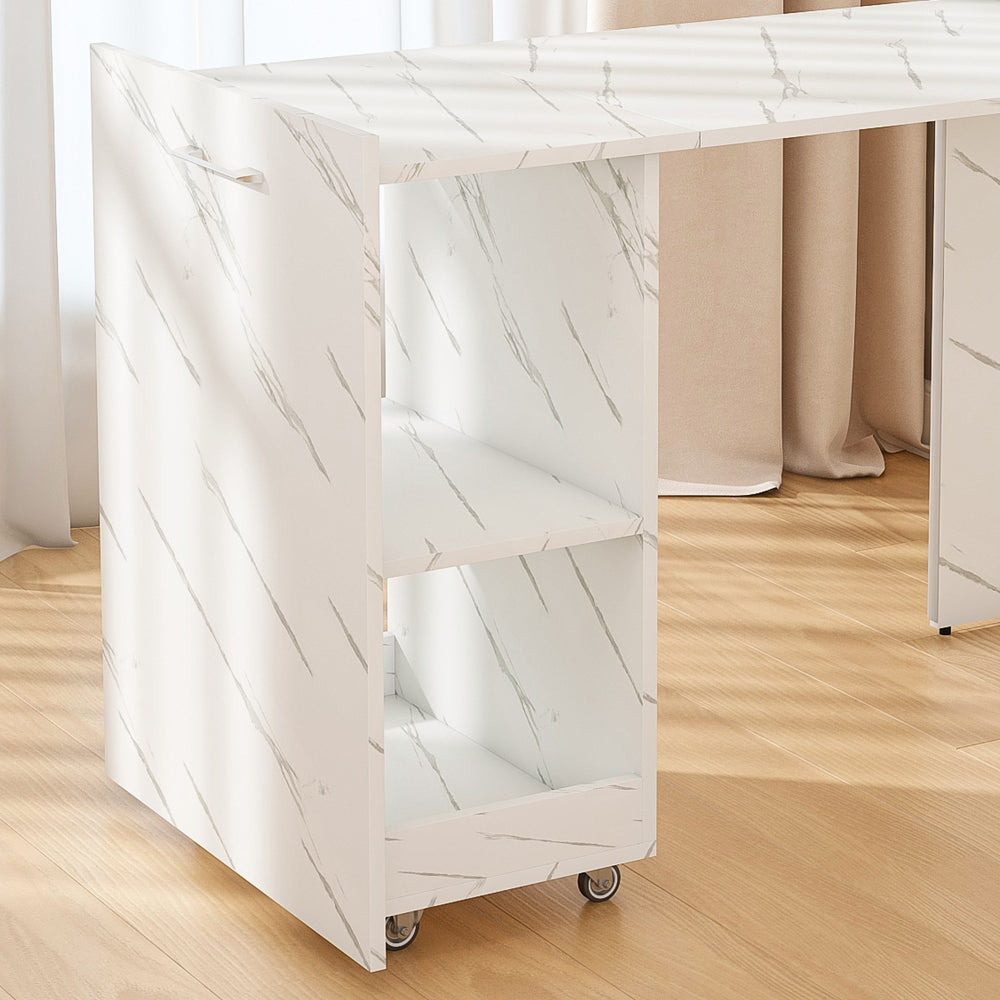 Stretchable desk, office desk with storage shelves and mobile wheels, foldable desk suitable for small apartments and offices, white marble