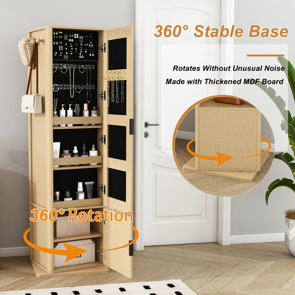 360° rotating makeup cabinet, jewelry cabinet with a full-length mirror, standing storage cabinet with a coat rack, 4 layers of open shelves and 2 layers of built-in shelves, walnut