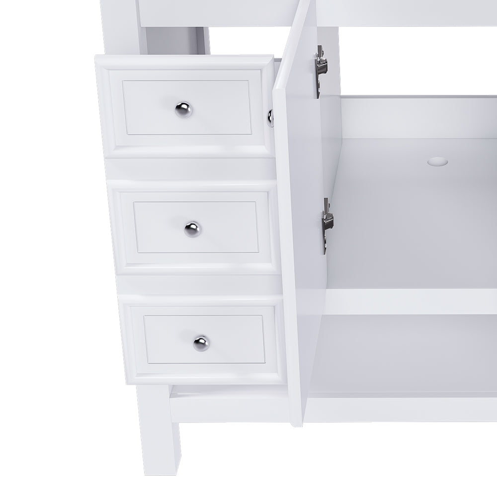 36-inch bathroom vanity, without sink, featuring one cabinet and three drawers, made of solid wood frame and MDF board, in white