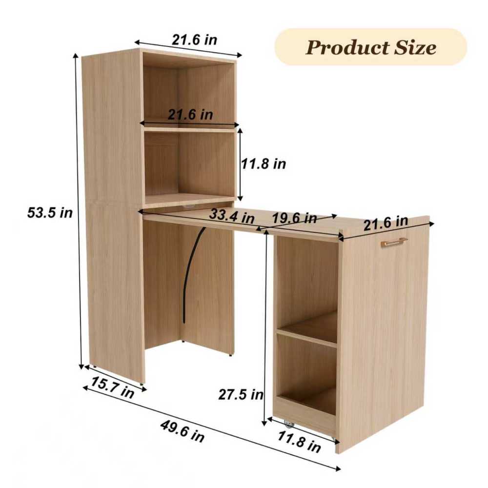 Stretchable desk, office desk with storage shelves and mobile wheels, foldable desk suitable for small apartments and offices,burlywood