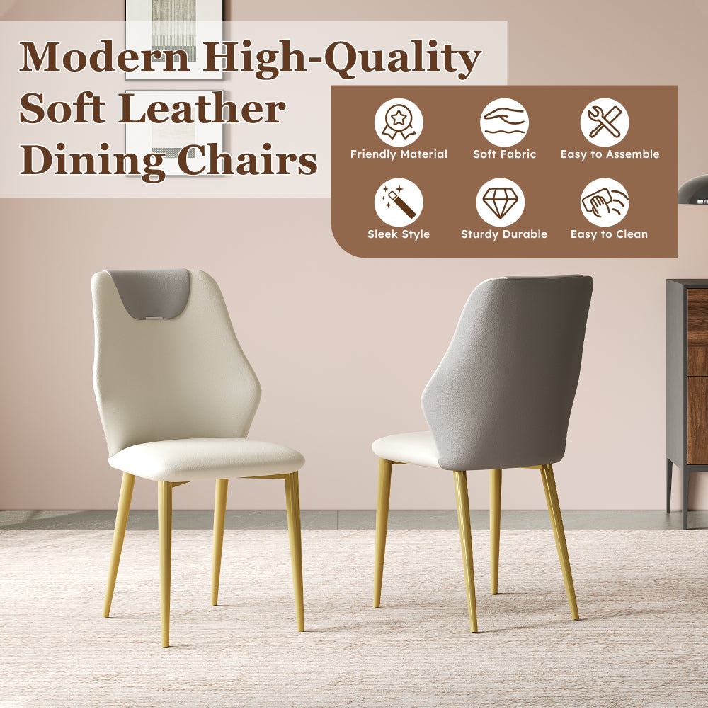 Set of 2 dining chairs, high-quality PU leather seats, with gold-plated painted carbon steel legs and ergonomic backrests, suitable for kitchen, dining room and living room  (miller white + gray)