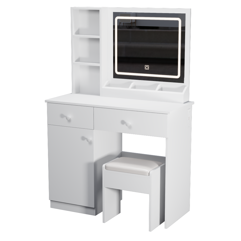 Fashion Vanity Desk with Mirror and Lights for Makeup, Vanity Mirror with Lights and Table Set with 3 Color Lighting Brightness Adjustable, 2 big Drawers, White Color