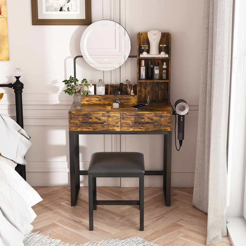 Makeup Vanity with LED Lights&3 Color and Power Outlet Makeup Vanity Table with 2 big Drawers with Sturdy Metal Leg and Metal Chair ,Dressing Table for Bedroom Dressing Room (brown)