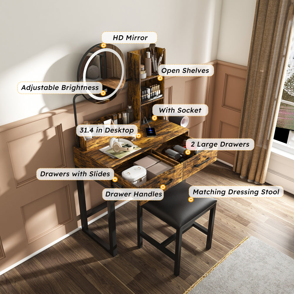 Makeup Vanity with LED Lights&3 Color and Power Outlet Makeup Vanity Table with 5 Drawers with Sturdy Metal Leg and Metal Chair Dressing Table for Bedroom Dressing Room (White)