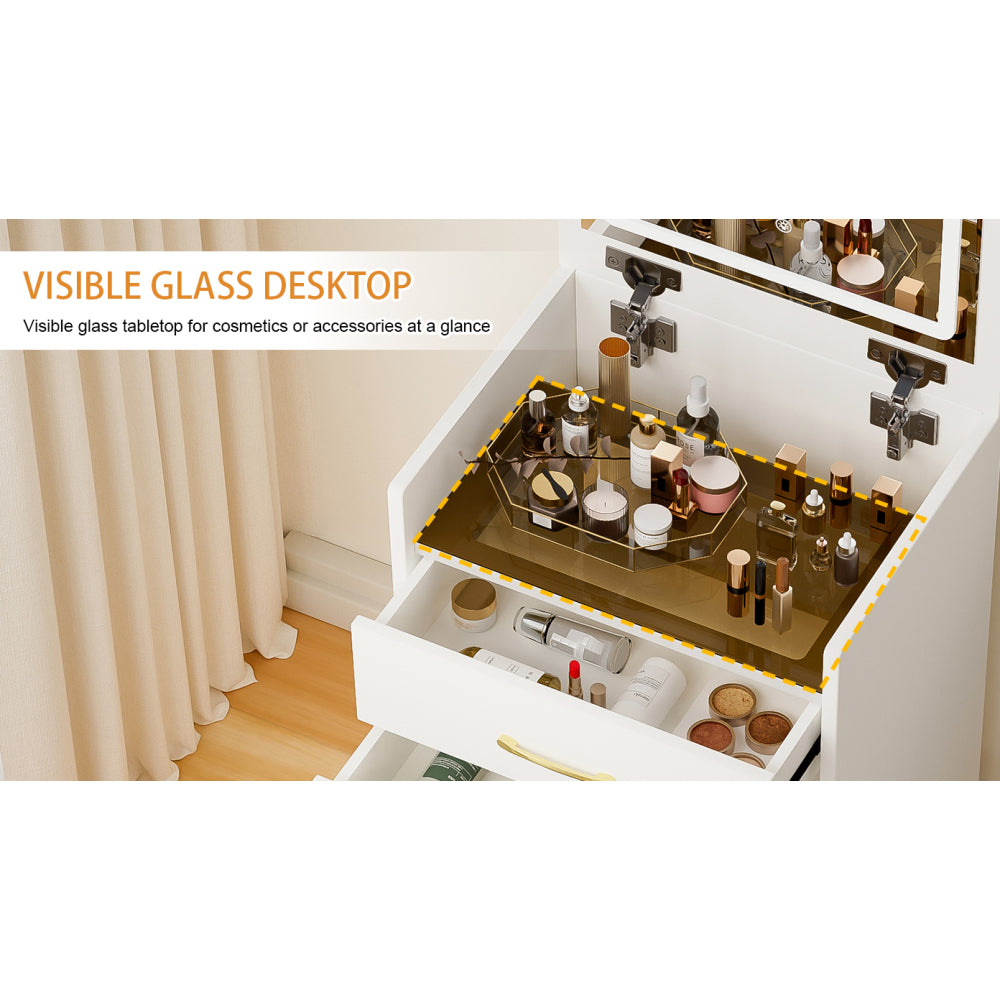 3 in 1 Vanity Desk with open Top Mirror,Small Make Up Vanity Set with Visible Glass Desktop,Compact Makeup Vanity with 3 Drawers,Dressing Table for Bedroom