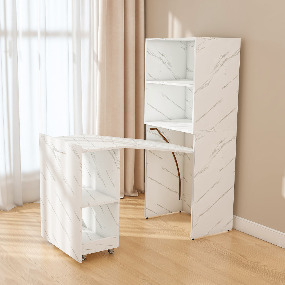 Stretchable desk, office desk with storage shelves and mobile wheels, foldable desk suitable for small apartments and offices, white marble