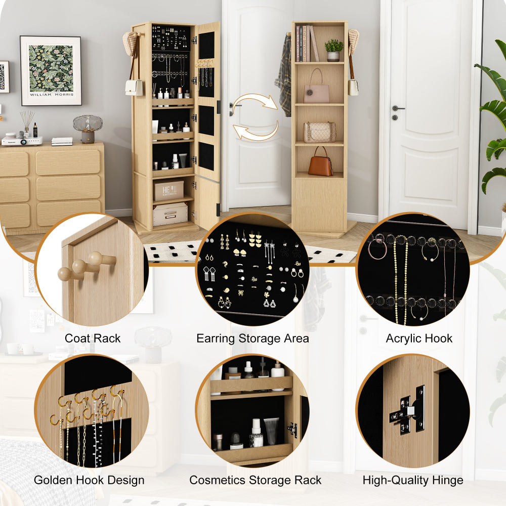 360° rotating makeup cabinet, jewelry cabinet with a full-length mirror, standing storage cabinet with a coat rack, 4 layers of open shelves and 2 layers of built-in shelves, walnut