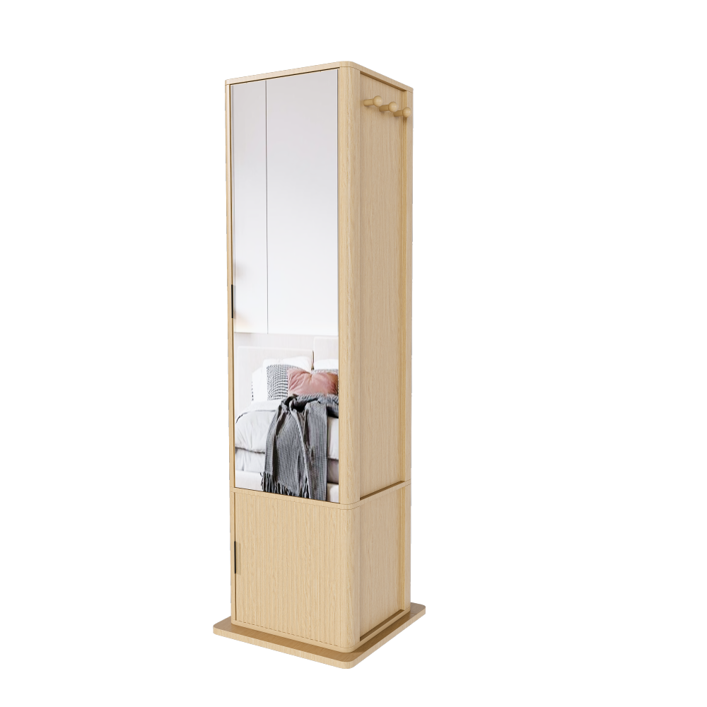 360° rotating makeup cabinet, jewelry cabinet with a full-length mirror, standing storage cabinet with a coat rack, 4 layers of open shelves and 2 layers of built-in shelves, walnut