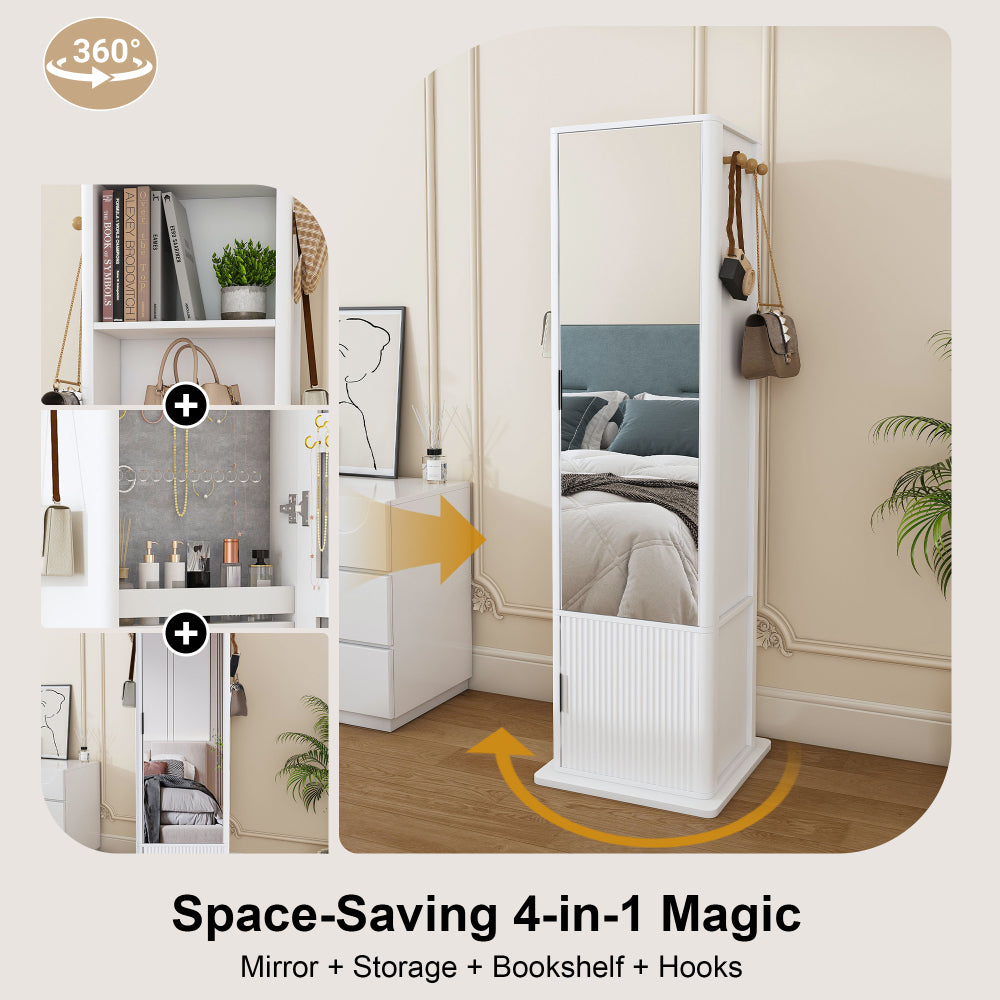 360° rotating makeup cabinet, jewelry cabinet with a full-length mirror, standing storage cabinet with a coat rack, 4 layers of open shelves and 2 layers of built-in shelves, white