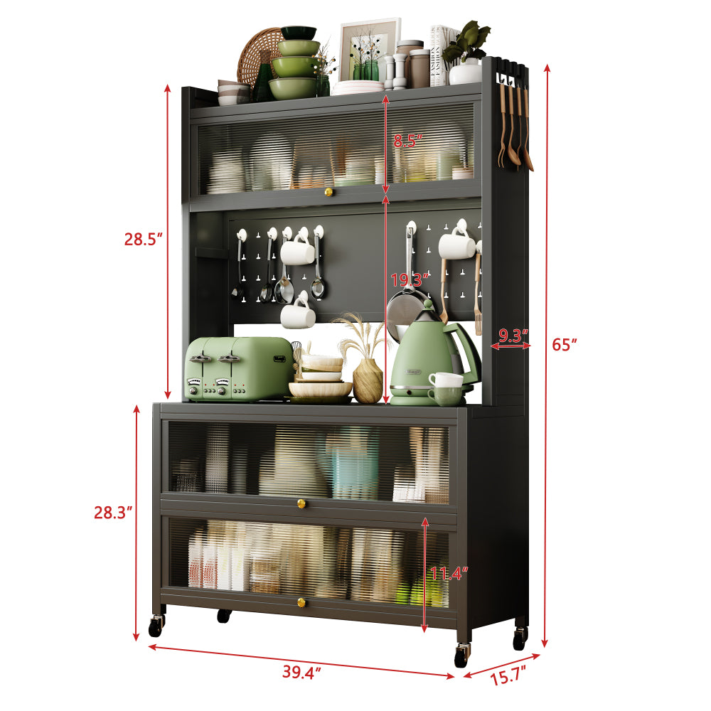 65'' Tall Kitchen Bakers Rack with Flip Door Cabinet, 5 Tier Multifunctional Microwave Stand Buffet, Coffee Bar, Quick Assembly, Gray