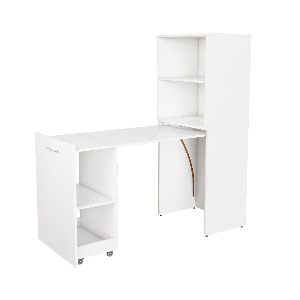Stretchable desk, office desk with storage shelves and mobile wheels, foldable desk suitable for small apartments and offices, white