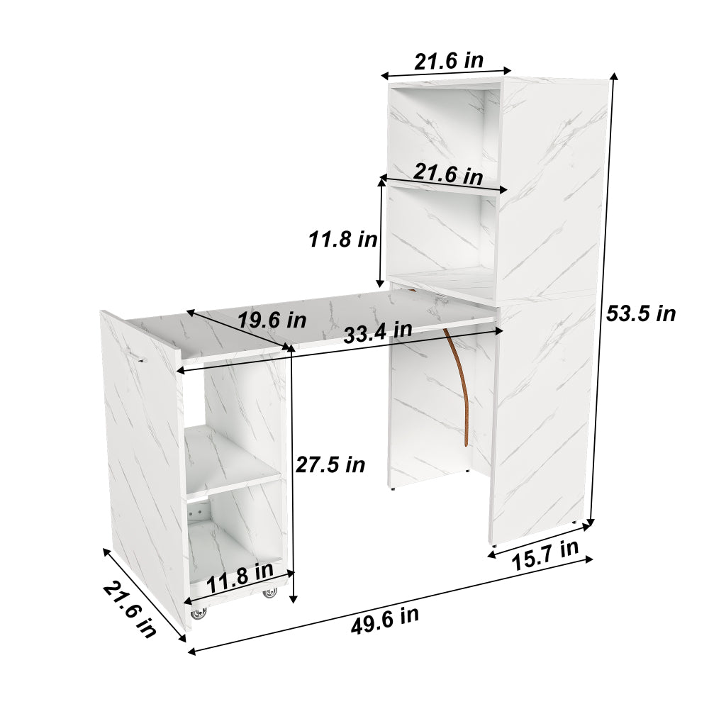 Stretchable desk, office desk with storage shelves and mobile wheels, foldable desk suitable for small apartments and offices, white marble