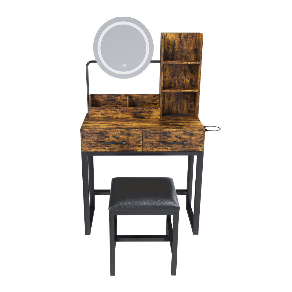 Makeup Vanity with LED Lights&3 Color and Power Outlet Makeup Vanity Table with 2 big Drawers with Sturdy Metal Leg and Metal Chair ,Dressing Table for Bedroom Dressing Room (brown)