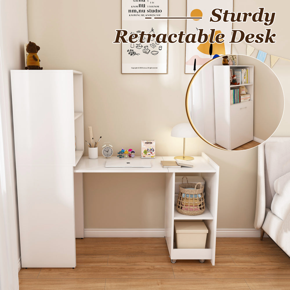 Stretchable desk, office desk with storage shelves and mobile wheels, foldable desk suitable for small apartments and offices, white