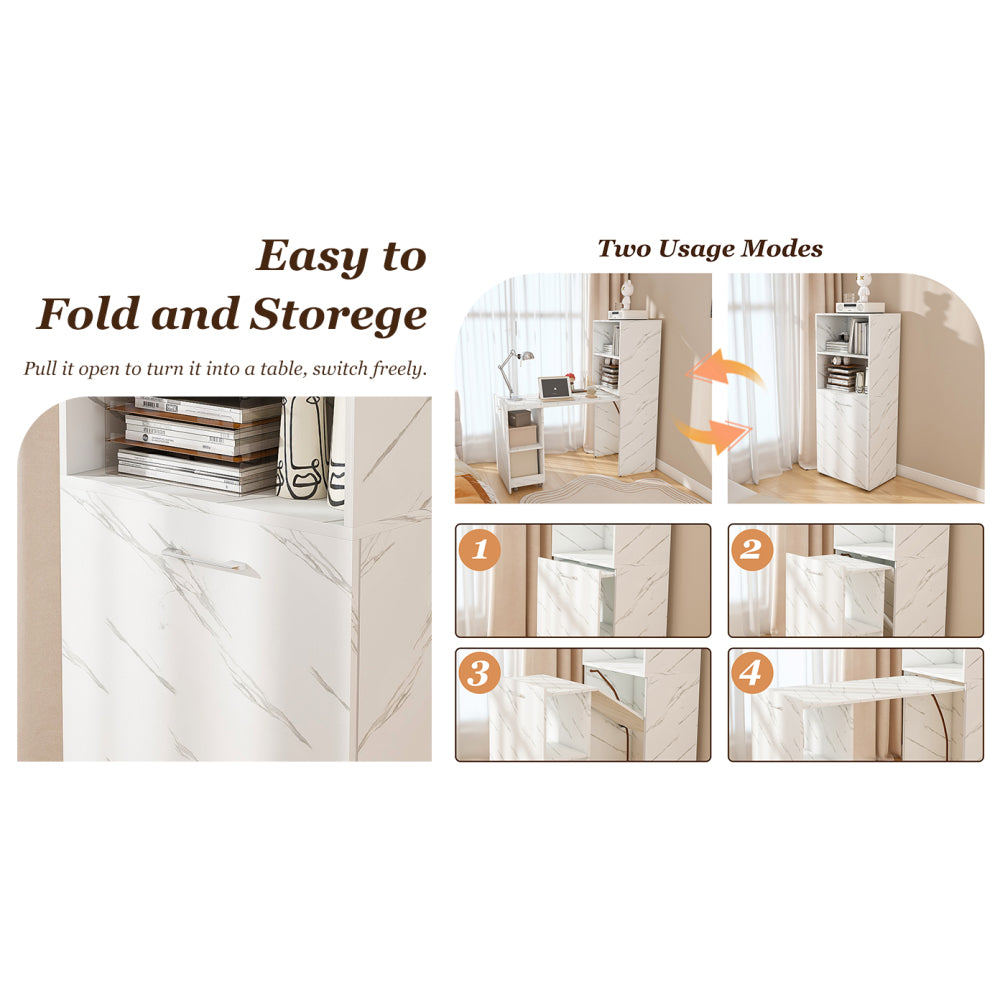 Stretchable desk, office desk with storage shelves and mobile wheels, foldable desk suitable for small apartments and offices, white marble