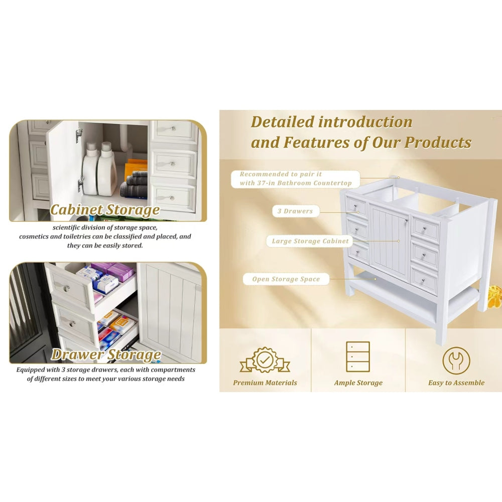 36-inch bathroom vanity, without sink, featuring one cabinet and three drawers, made of solid wood frame and MDF board, in white