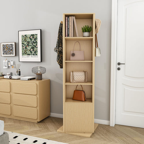 360° rotating makeup cabinet, jewelry cabinet with a full-length mirror, standing storage cabinet with a coat rack, 4 layers of open shelves and 2 layers of built-in shelves, walnut