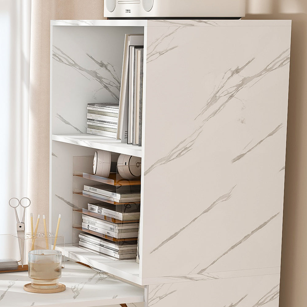 Stretchable desk, office desk with storage shelves and mobile wheels, foldable desk suitable for small apartments and offices, white marble