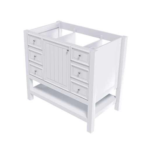 36-inch bathroom vanity, without sink, featuring one cabinet and three drawers, made of solid wood frame and MDF board, in white