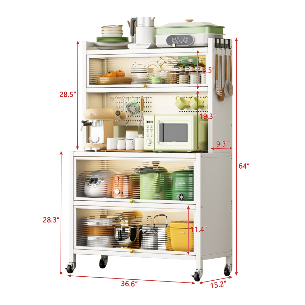65'' Tall Kitchen Bakers Rack with Flip Door Cabinet, 5 Tier Multifunctional Microwave Stand Buffet, Coffee Bar, Kitchen Pantry Storage Cabinet Shelf, Quick Assembly, White