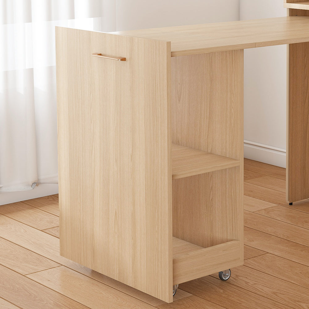 Stretchable desk, office desk with storage shelves and mobile wheels, foldable desk suitable for small apartments and offices,burlywood