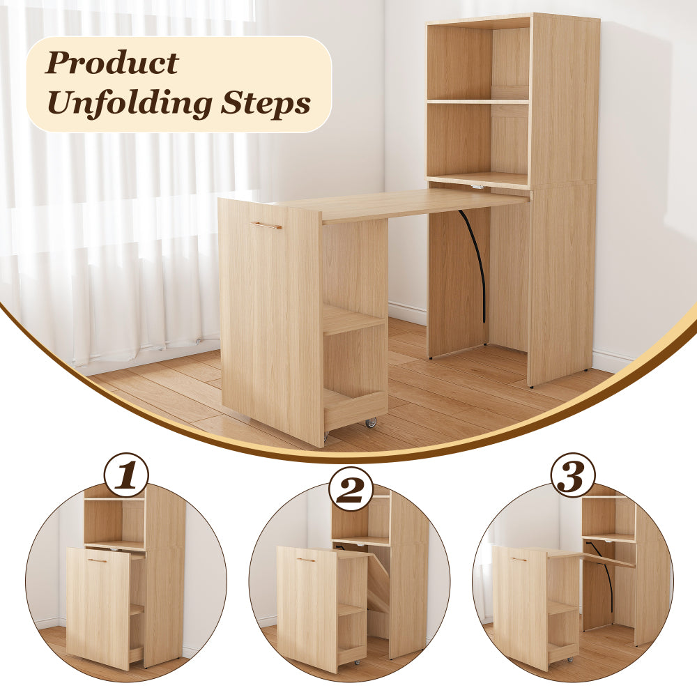 Stretchable desk, office desk with storage shelves and mobile wheels, foldable desk suitable for small apartments and offices,burlywood