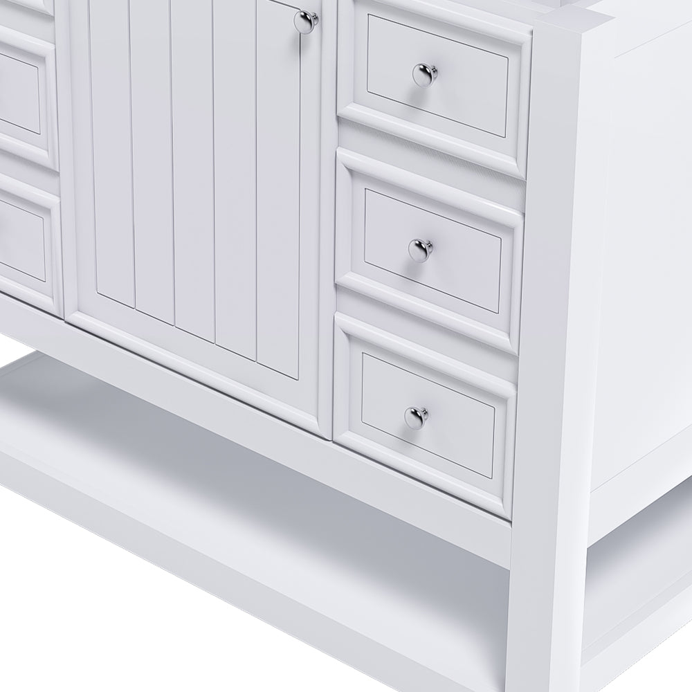 36-inch bathroom vanity, without sink, featuring one cabinet and three drawers, made of solid wood frame and MDF board, in white