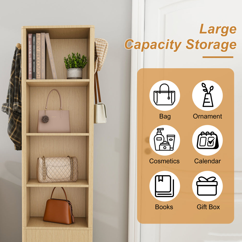 360° rotating makeup cabinet, jewelry cabinet with a full-length mirror, standing storage cabinet with a coat rack, 4 layers of open shelves and 2 layers of built-in shelves, walnut