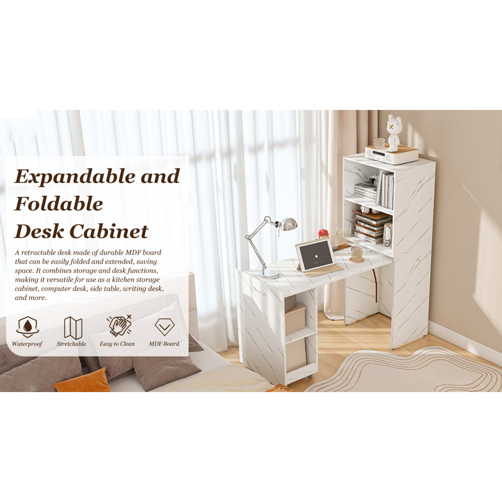 Stretchable desk, office desk with storage shelves and mobile wheels, foldable desk suitable for small apartments and offices, white marble