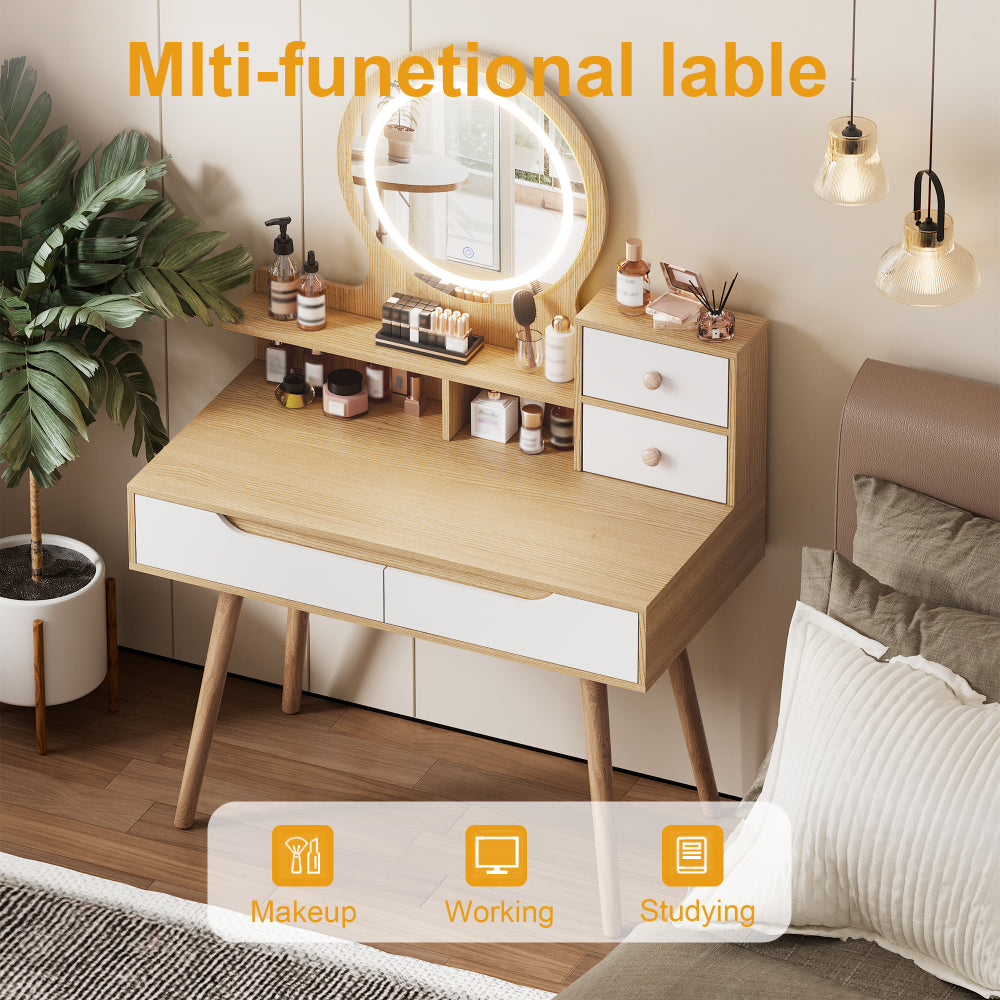 Makeup Vanity Desk with 3 Adjustable Lighted Mirror with solid wood table feet , Dressing Table Set with 4 drawers and 3 open shelves  for Small space Bedroom