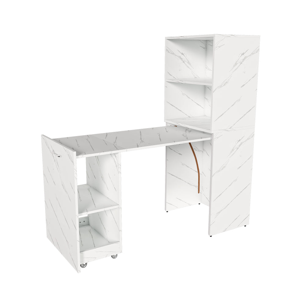 Stretchable desk, office desk with storage shelves and mobile wheels, foldable desk suitable for small apartments and offices, white marble