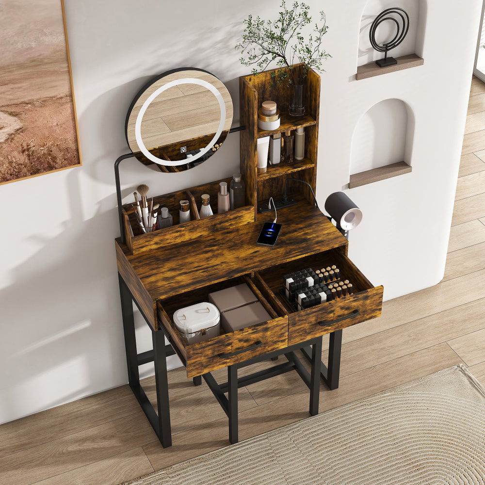 Makeup Vanity with LED Lights&3 Color and Power Outlet Makeup Vanity Table with 2 big Drawers with Sturdy Metal Leg and Metal Chair ,Dressing Table for Bedroom Dressing Room (brown)