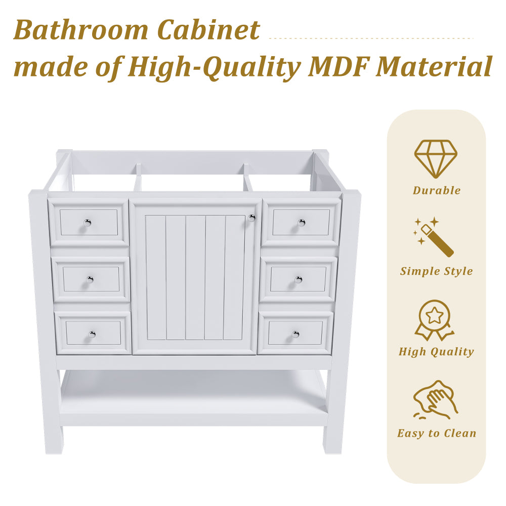 36-inch bathroom vanity, without sink, featuring one cabinet and three drawers, made of solid wood frame and MDF board, in white