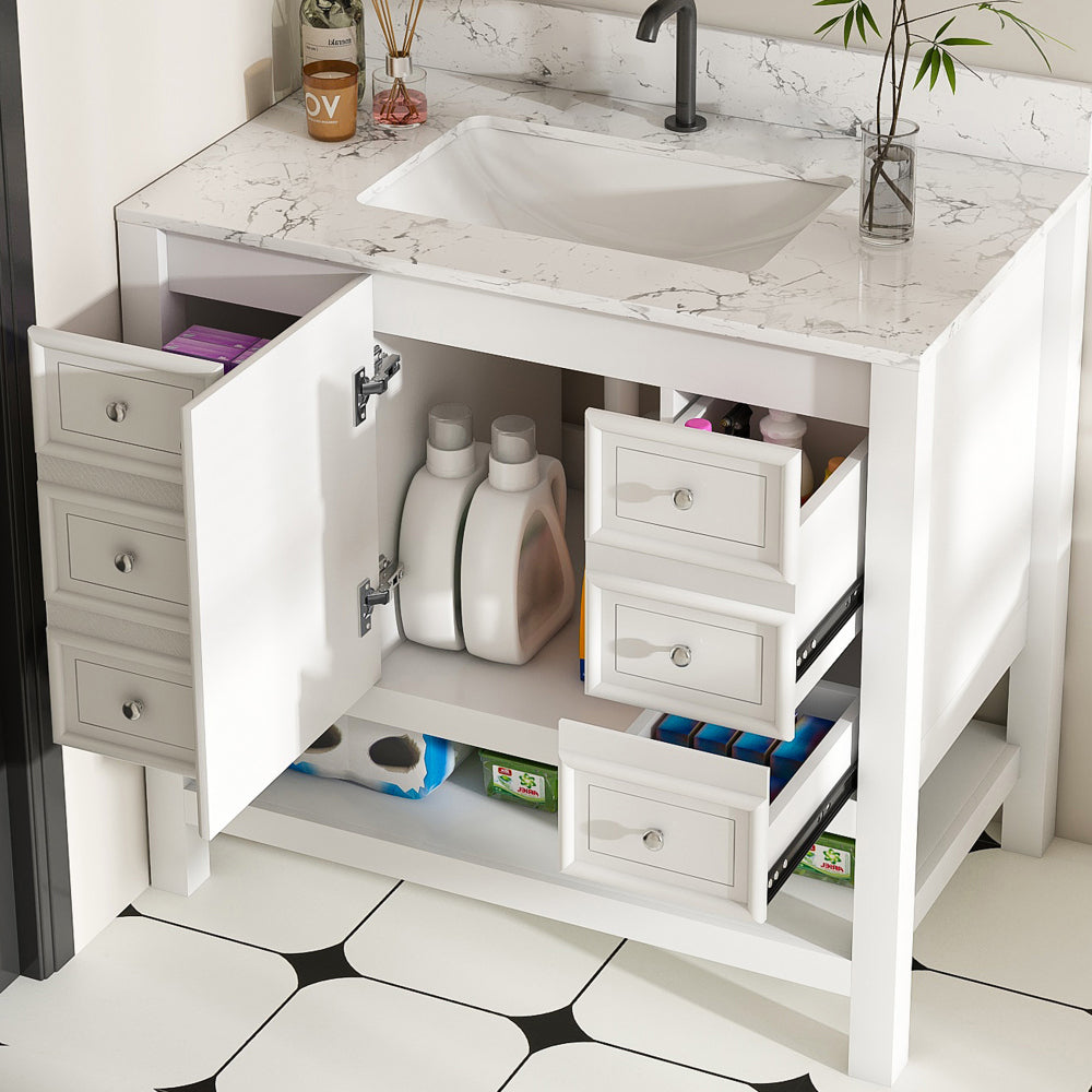 36-inch bathroom vanity, without sink, featuring one cabinet and three drawers, made of solid wood frame and MDF board, in white