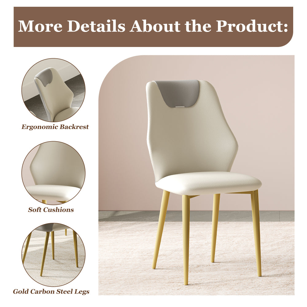 Set of 2 dining chairs, high-quality PU leather seats, with gold-plated painted carbon steel legs and ergonomic backrests, suitable for kitchen, dining room and living room  (miller white + gray)