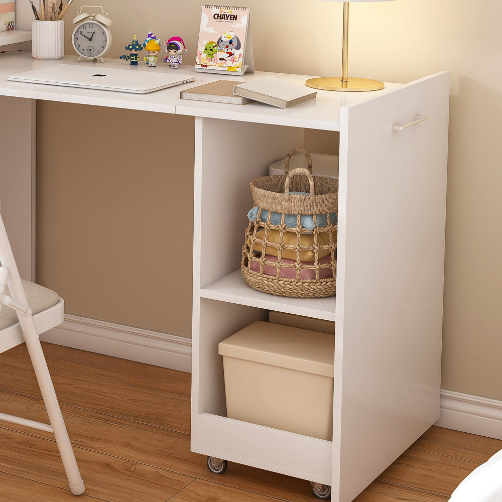 Stretchable desk, office desk with storage shelves and mobile wheels, foldable desk suitable for small apartments and offices, white