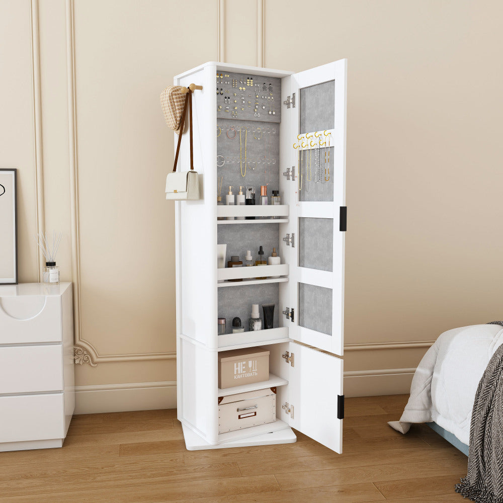 360° rotating makeup cabinet, jewelry cabinet with a full-length mirror, standing storage cabinet with a coat rack, 4 layers of open shelves and 2 layers of built-in shelves, white