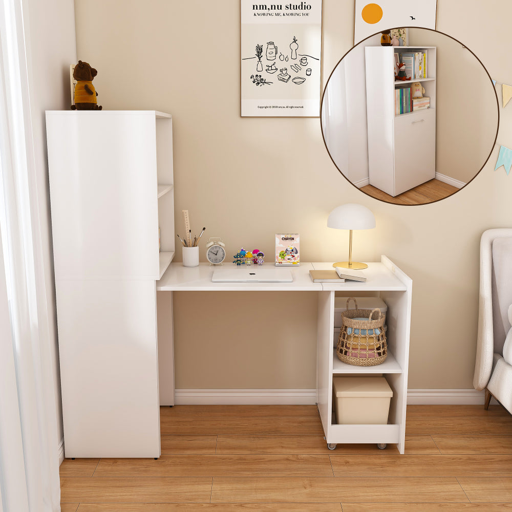 Stretchable desk, office desk with storage shelves and mobile wheels, foldable desk suitable for small apartments and offices,burlywood