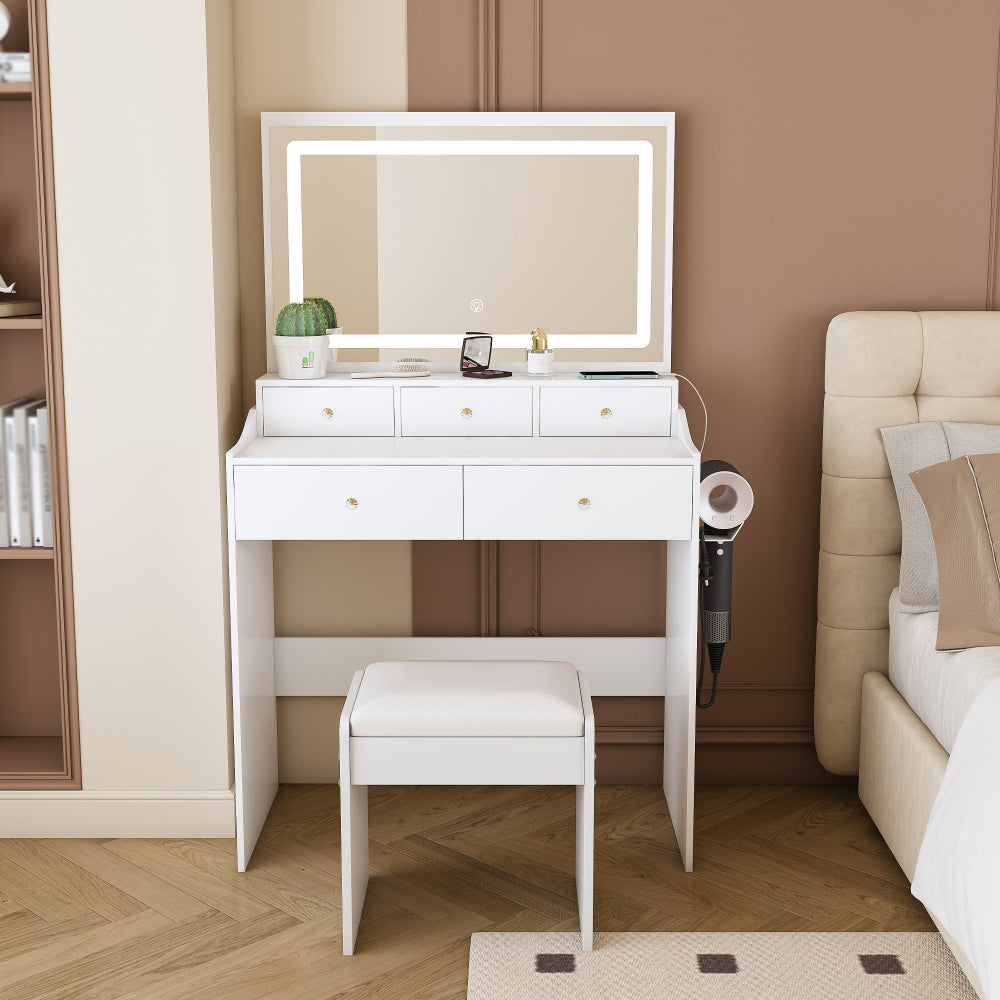 New Large Mirror Vanity Desk for Bed room  , Modern Makeup Vanity Set with Power Outlet and Hair dryer holder, 5 Drawers , 3 Lighting Color Adjustable Dressing Table for Bedroom, White Color