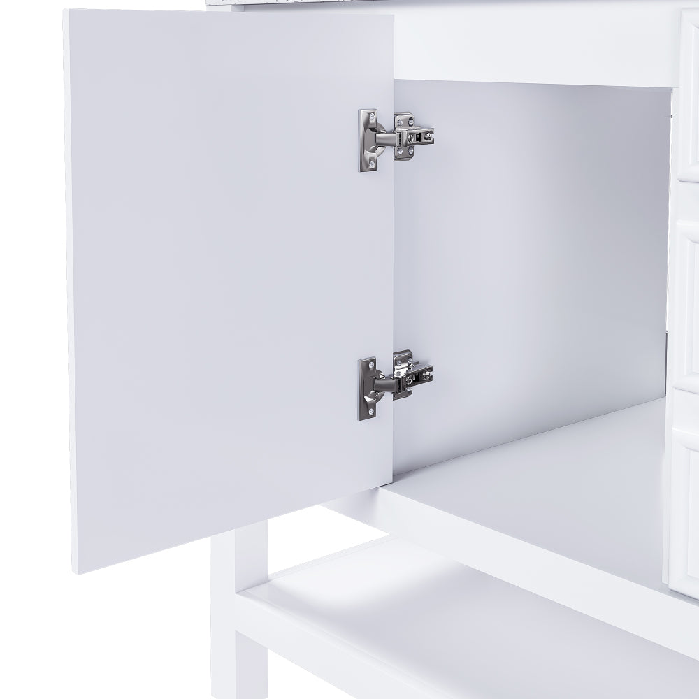 36-inch bathroom vanity, without sink, featuring one cabinet and three drawers, made of solid wood frame and MDF board, in white