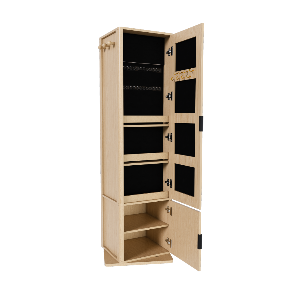 360° rotating makeup cabinet, jewelry cabinet with a full-length mirror, standing storage cabinet with a coat rack, 4 layers of open shelves and 2 layers of built-in shelves, walnut