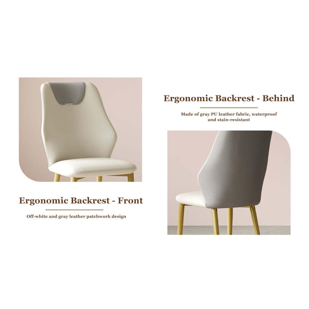 Set of 2 dining chairs, high-quality PU leather seats, with gold-plated painted carbon steel legs and ergonomic backrests, suitable for kitchen, dining room and living room  (miller white + gray)