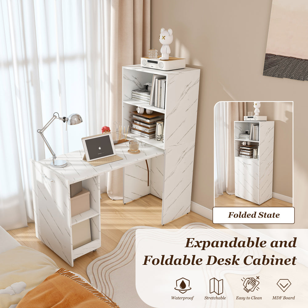 Stretchable desk, office desk with storage shelves and mobile wheels, foldable desk suitable for small apartments and offices, white marble