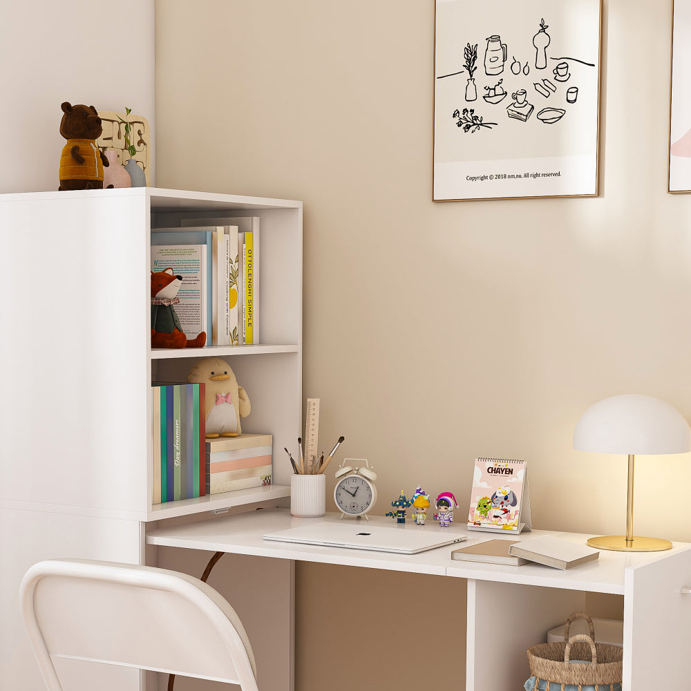 Stretchable desk, office desk with storage shelves and mobile wheels, foldable desk suitable for small apartments and offices, white