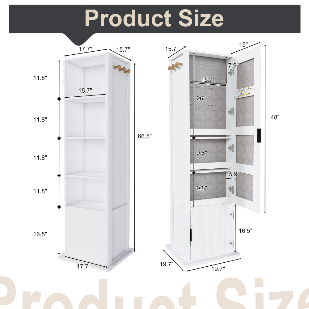360° rotating makeup cabinet, jewelry cabinet with a full-length mirror, standing storage cabinet with a coat rack, 4 layers of open shelves and 2 layers of built-in shelves, white